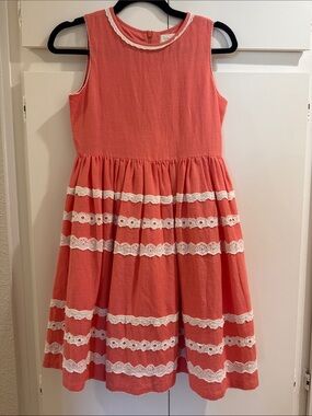 Boden Coral Dress with White Lace Tiers